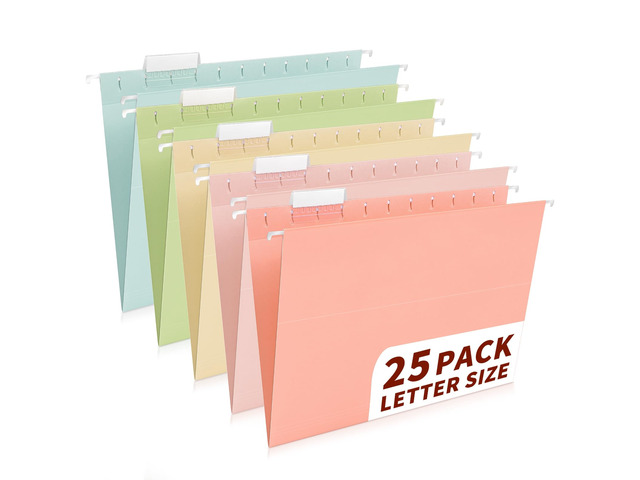 25-Pack Pastel Hanging File Folders, Letter Size with 1/5-Cut Tabs, 35 Transparent Label Cards, 50 Sticker LabelsHome Office & Filing Cabinets