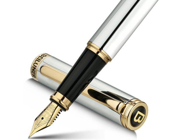 Silver Chrome Fountain Pen,Stunning Luxury with 24K Gold Accents, Gorgeous 24K Gilded Nib(Fine), Trustworthy Pen Gift for Men & Women -Ink...