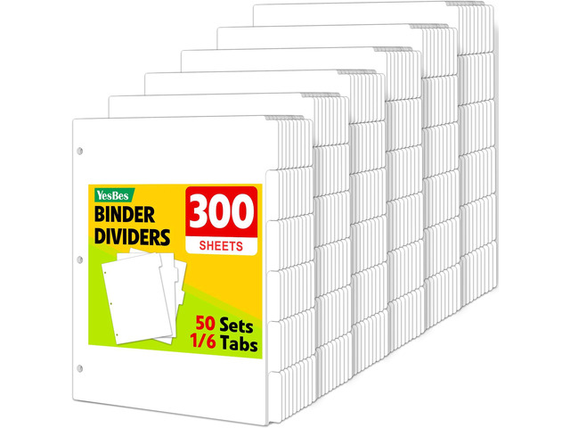 300 Pcs Binder Dividers with Tabs, 1/6 Cut Tabs, Dividers for 3 Ring Binder, Blank Write On Binder Dividers in 6 Tab Sets, Letter Size, 300...
