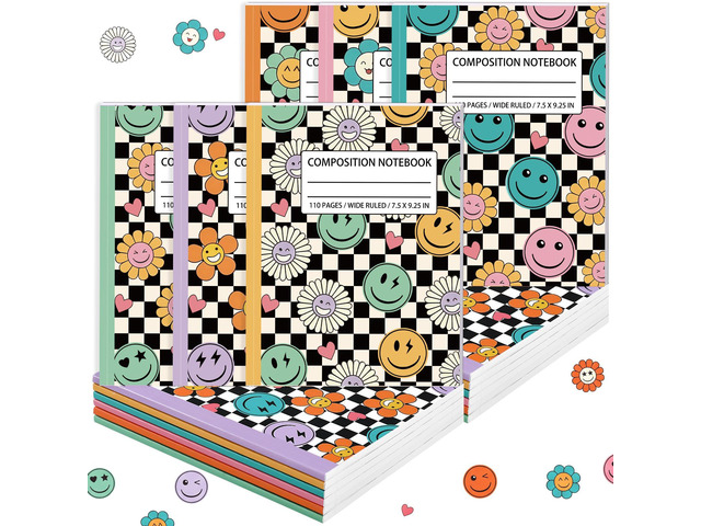 6 Pack Black White Check Composition Notebook Wide Ruled Back to School Supplies 110 Pages Note Taking, 9-3/4 x 7-1/2'Inch Size, Preppy Aesthetic...