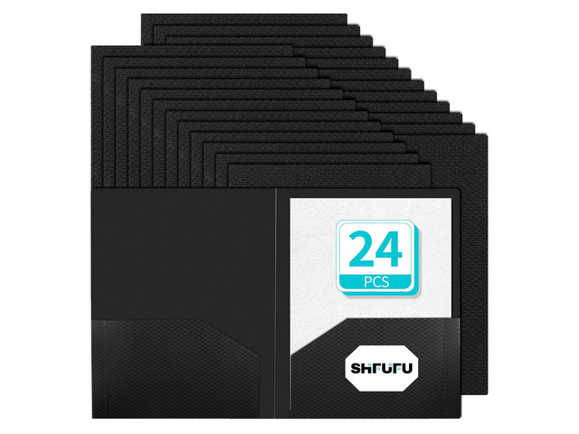 24 Pcs Textured 2 Pocket Plastic FoldersBlack, Durable Letter Size File Folders with Business Card Slot, Heavy Duty Plastic for School...