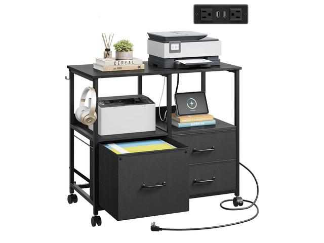 3 Drawer Mobile File Cabinet, Fabric Lateral Filing Cabinet, Black Rolling Printer Stand with Charging Station &Storage Shelf, fits A4 or Letter...