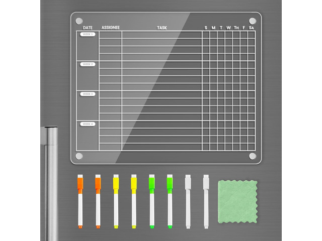 Magnetic Fridge Chore Chart for Kids & Roommates, 12x9.5 Inch Clear Acrylic Dry Erase Board with Rotating Weekly Tasks; Fits Curved Doors; Embedded...