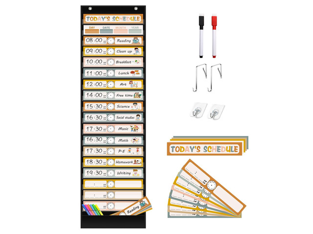 Boho 18+1 Pockets Daily Schedule Pocket Chart, 30 pcs Double-Sided Reusable Cards, Scheduling Pocket Chart for Classroom Office Home School...
