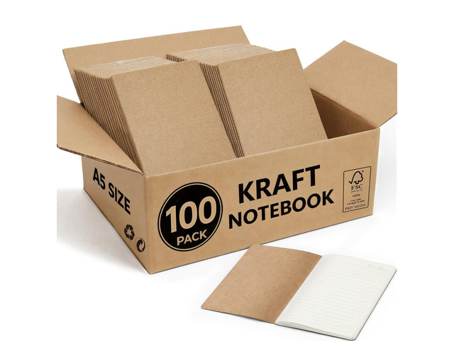 100 Pack Kraft Notebooks Bulk A5, 60 Pages Lined Ruled Journals, 8.3x5.5 In 80gsm Cream Paper, Natural Kraft Cover, Composition Style For School...