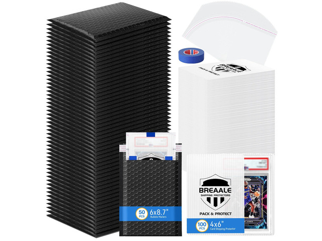 Trading Card Shipping Kit, Includes 100 4'' x 6'' Graded Card Shipping Protectors, 50 6'' x 8.7'' Envelope Bubble Mailers, 20M Painters Tape, 50...
