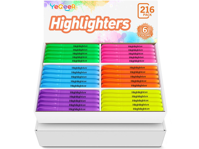 Highlighters, Chisel Tip Dry-Quickly Highlighter Markers, 216 Count-6 Assorted Colors Highlighters Bulk Pack for Adult Kids, Office Classroom Must...