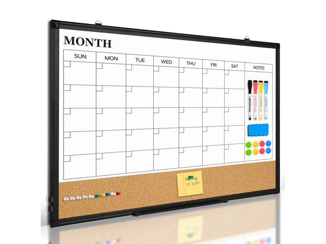 Monthly Dry Erase Calendar Whiteboard with Corkboard, 30' x 20', Black Magnetic, White Board Cork Board Combo, Double Sided, Wall Mounted, Aluminum...