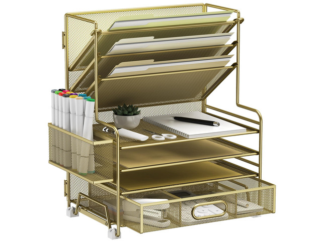 4-Tier Paper Organizer + 3-Pocket File Holder + Drawer + Pen Holders, Desktop File Organizers Paper Tray for Office Supplies School Classroom...