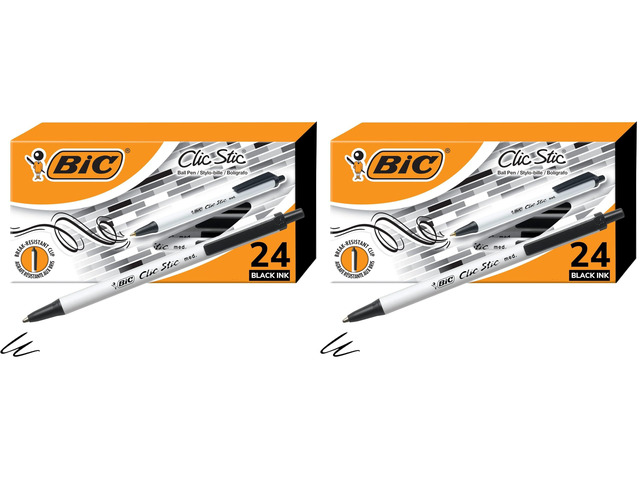 Clic Stic Black Retractable Ballpoint Pens,Medium Point (1.0mm),Round Barrel Design for Comfortable Writing,24 Count (Pack of 2)