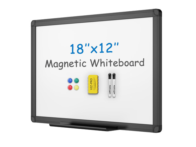 Magnetic Dry Erase Board, 18 x 12 Inches, Black Aluminium Frame Includes 1 Eraser, 2 Markers & 4 Magnets, Wall Mounted Whiteboard for School Office...