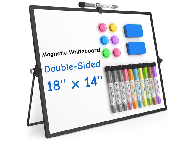 Magnetic Dry Erase Board with Stand, 18''x14'' Desktop Whiteboard Double-Sided White Board with Stand, Black White Board, Desk Whiteboard Portable,...