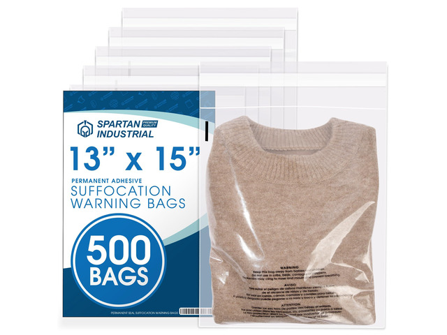 13' X 15' (500 Count) Self Seal Clear Poly Bags with Suffocation Warning for Packaging, Clothes - Permanent Adhesive