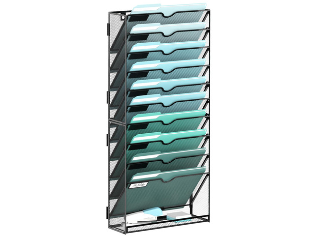 11-Tier Wall File Organizer, Hanging File Holder, Wall Mounted Mail Sorter Metal Mesh Hanging File Organizer with Open Compartments and Label...