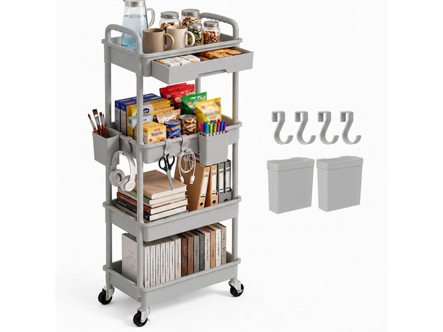 4 Tier Rolling Utility Cart with Drawer, Plastic Storage Organizer Rolling Carts with Wheels Handles Hanging Cups Hooks for Office, Bathroom,...