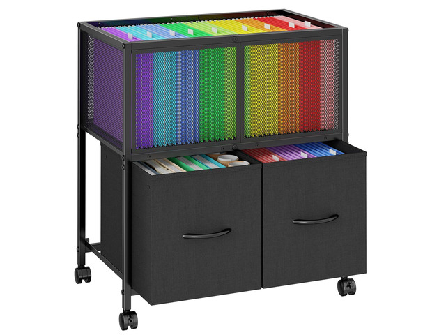 Rolling File Cart, File Cabinet with 2 Fabric Drawers, Black Mobile Filing Cabinet with Wheels Hanging File Organizer Fit Letter Size for Home...