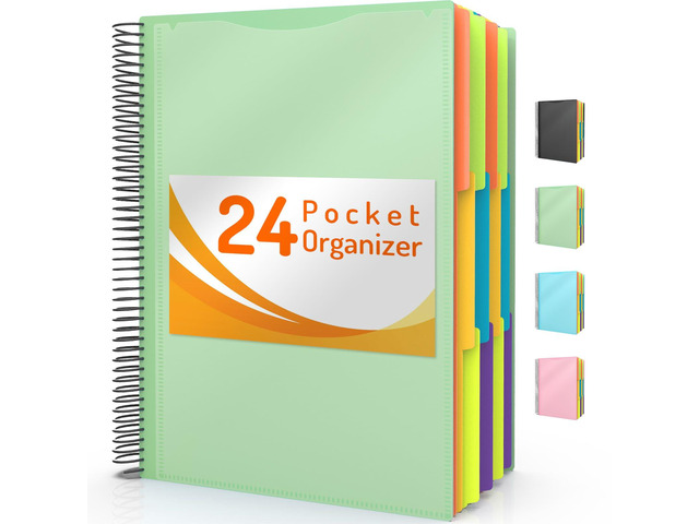 24 Pocket Project Organizer, 1/3-cut Tab Binder Organizer with Sticky Labels, Multi Pocket Folder with Zipper Pouch, Folder Binder Spiral Pocket...