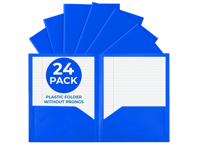 24 Pack Blue Plastic Folders with Pockets Heavy Duty. 2 Pocket Folder no Prongs Bulk. Tear-Resistant Letter Size 8.5x11. Presentation Ready School...