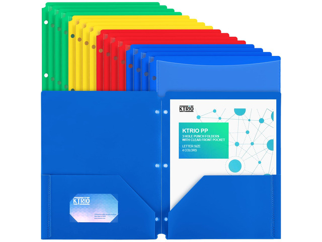 16 Pack 2 Pocket 3 Hole Folders, Clear Front Pocket, 4 Colors Letter Size Fit, Water-Resistant PP, Business Card Slot, 2 Pocket Storage, School...