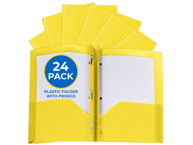 24 Pack Yellow Plastic Folders with Pockets Heavy Duty. 2 Pocket Folder with Prongs Bulk. Tear-Resistant Letter Size 8.5x11. Presentation Ready...