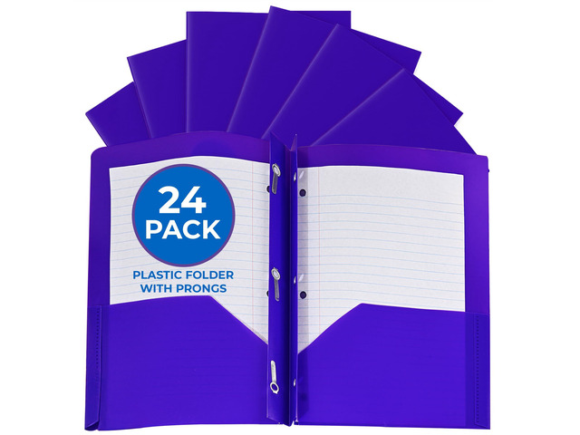 24 Pack Purple Plastic Folders with Pockets Heavy Duty. 2 Pocket Folder with Prongs Bulk. Tear-Resistant Letter Size 8.5x11. Presentation Ready...