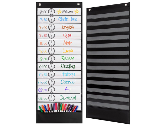 Daily Schedule Pocket Chart, Black, 13 Pockets Ultra-Durable Visual Schedule for Classrooms or Home, Easy to Use, Reusable, Sentence Strips