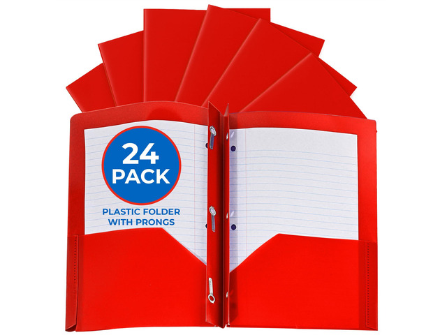 24 Pack Red Plastic Folders with Pockets Heavy Duty. 2 Pocket Folder with Prongs Bulk. Tear-Resistant Letter Size 8.5x11. Presentation Ready School...