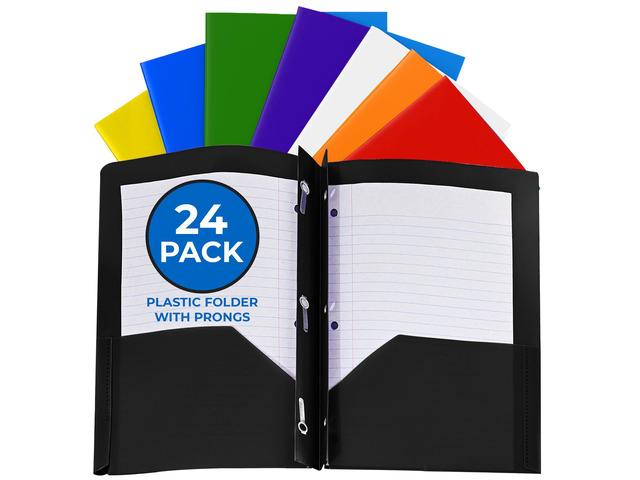 24 Pack Assorted Colors Plastic Folders with Pockets Heavy Duty. 2 Pocket Folder with Prongs Bulk. Tear-Resistant Letter Size 8.5x11. Presentation...
