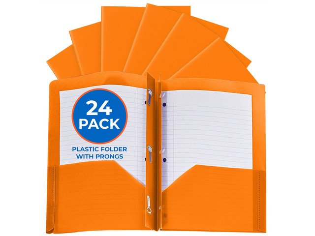 24 Pack Orange Plastic Folders with Pockets Heavy Duty. 2 Pocket Folder with Prongs Bulk. Tear-Resistant Letter Size 8.5x11. Presentation Ready...