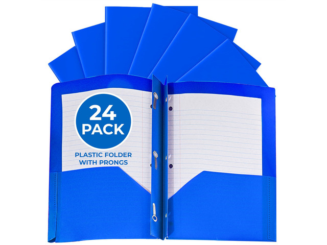 24 Pack Blue Plastic Folders with Pockets Heavy Duty. 2 Pocket Folder with Prongs Bulk. Tear-Resistant Letter Size 8.5x11. Presentation Ready...