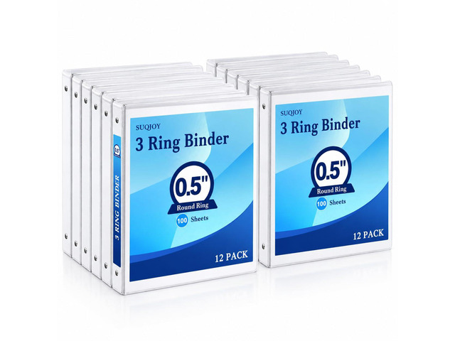 Durable 1/2 Inch 3-Ring Binder, 0.5-inch Round Ring Binder with 2 Inside Pockets, 12 Pack White Binders, Clear View CoverBinder Holds 8.5'' x...