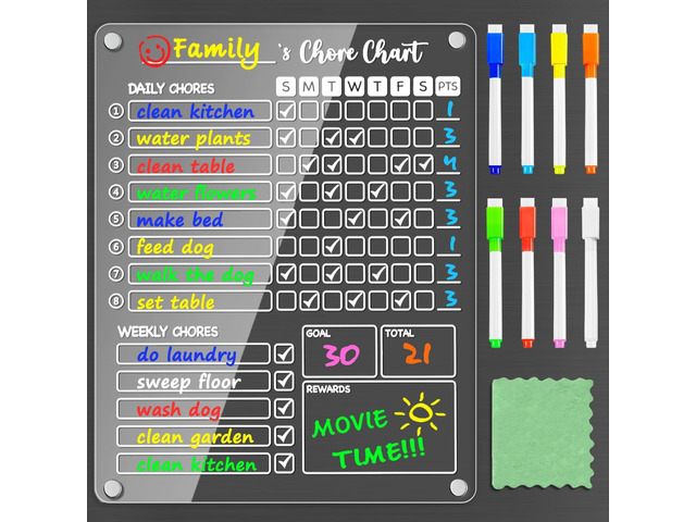 Acrylic Magnetic Chore Chart for Kids, 12x9.5 Inch, 1 Pack Clear Dry Erase Fridge Chore and Reward Board for Multiple Kids and Teens; Embedded...