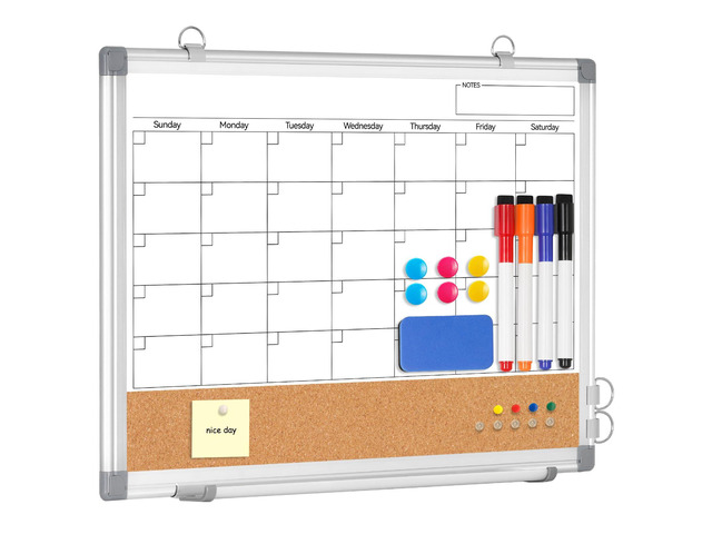 Small Dry Erase Calendar Whiteboard for Wall, 16' x 12' Month White Board Double-Sided Magnetic, Calendar Cork Whiteboard Combo, Aluminium Frame,...