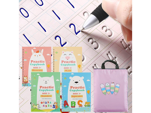 Upgraded Large Size Magic Practice Copybook for Kids, Reusable Writing Practice Book, Preschool Copybook (4 Books with Pens) - Pink Bag
