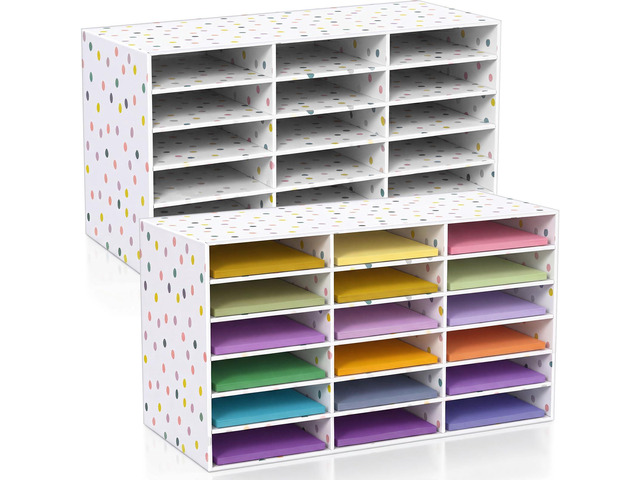 2 Pcs Classroom Construction Paper Storage,Colorful Polka Dots 18 Slot Compartments Desktop Scrapbook Organizer for Letter/A4 File Sorter, 14.2' H...