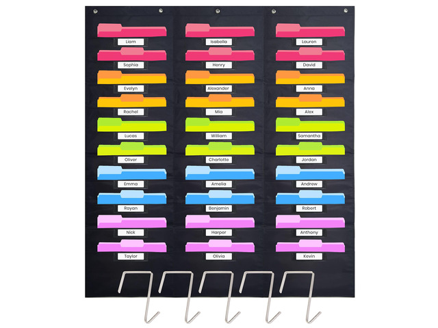 Heavy Duty Storage Pocket Chart for Classroom, 30 Pocket Storage Organizer with 5 Over-Door Hangers, Hanging Wall Organizer for File Folders,...