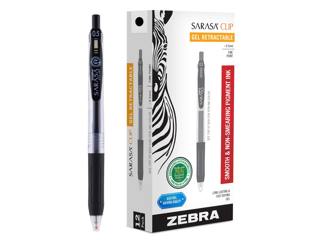 SARASA Clip Retractable Gel Pen, Black Ink, 0.5mm, 12-Pack Fine Point Tip, Water Based Ink, 75% Recycled Materials, Ideal for Journaling, Planners,...