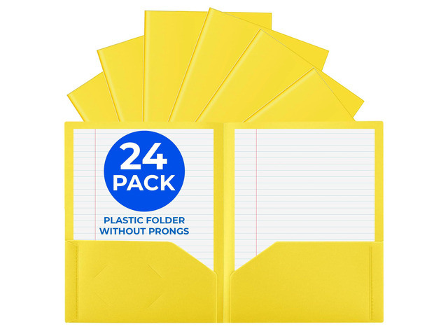 24 Pack Yellow Plastic Folders with Pockets Heavy Duty. 2 Pocket Folder no Prongs Bulk. Tear-Resistant Letter Size 8.5x11. Presentation Ready...