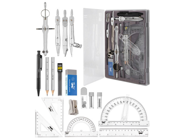 Geometry Set, 15 pcs, Light Grey, 6 Inch Swing Arm Protractor Divider, Set Squares, Ruler, Compasses and Protractor