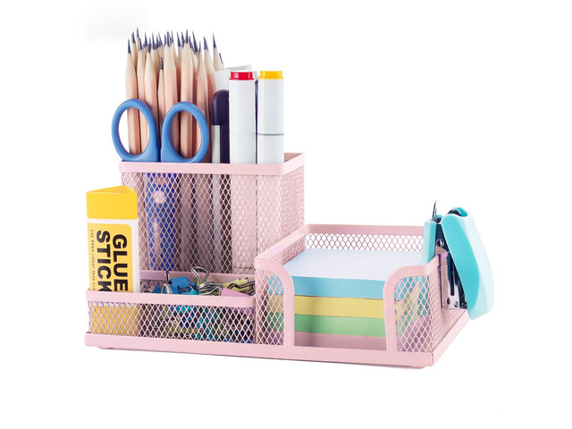 Mesh Pen Holder Desk Organizers Pencil Holder for Desk Pink, 3 Compartments Metal Office Supply Organizer with Sticky Notes Holder for Home Office