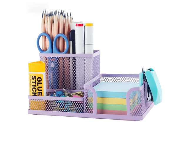 Mesh Pen Holder Desk Organizers Pencil Holder for Desk Purple, 3 Compartments Metal Office Supply Organizer with Sticky Notes Holder for Home Office
