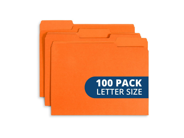 100 File Folders, Letter Size, 1/3 Cut Tab, Orange Durable 11pt Uncoated Paper, 1/3 Cut Top Tab, Assorted Tab Positions, for Office, School, and...