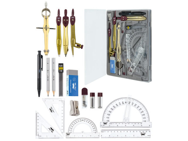 Geometry Set, 15 pcs, Gold, 6 Inch Swing Arm Protractor, Divider Set Squares, Ruler, Compasses and Protractor