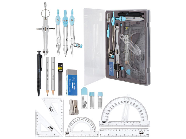 Geometry Set, 15 pcs, Light Blue, 6 Inch Swing Arm Protractor Divider, Set Squares, Ruler, Compasses and Protractor