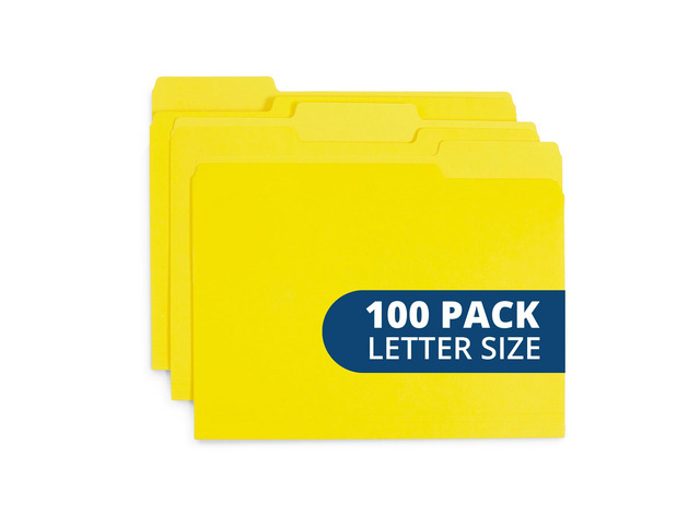100 File Folders, Letter Size, 1/3 Cut Tab, Yellow Durable 11pt Uncoated Paper, 1/3 Cut Top Tab, Assorted Tab Positions, for Office, School, and...