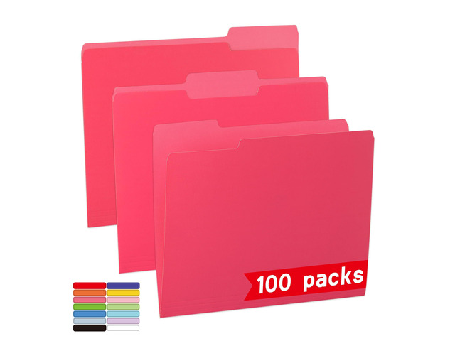 100 Packs File Folder,Rose Red File Folders Letter Size 1/3-Cut Tabs,8.5x11' File Folders for Office,School and Home,Organizer Folder
