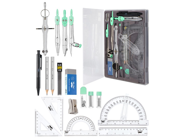 Geometry Set, 15 pcs, Green, 6 Inch Swing Arm Protractor, Divider Set Squares, Ruler, Compasses and Protractor