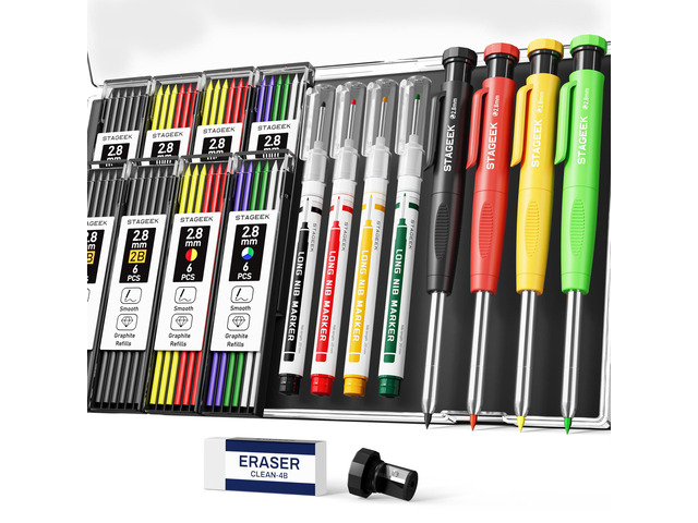 4PCS Mechanical Carpenter Pencil Set, Deep Hole, Woodworking 52 Refills, 4PCS Long Nib Marker Pens, Built-in Sharpener, Storage Case for Architect...