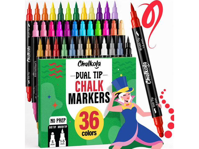 36 Dual Tip Liquid Chalk Markers for Blackboard Chalkboard Windows 36 Colors, Dot + Brush Tip - Washable, Non Toxic, No Pumping, No Prep - Erasable...