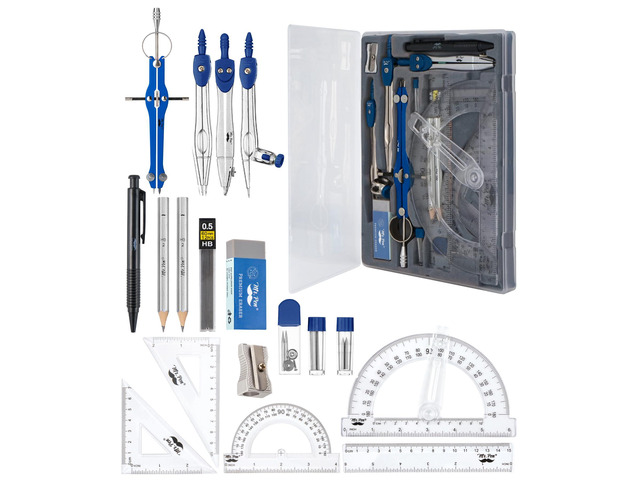 Geometry Set, 15 pcs, Navy Blue, 6 Inch Swing Arm Protractor Divider, Set Squares, Ruler, Compasses and Protractor